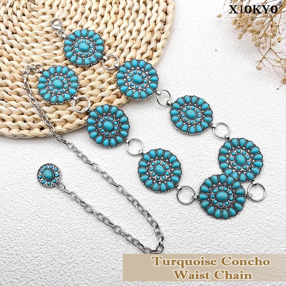 Boho Turquoise Concho Belt Silver Metal Western Turquoise Belts Waist Chain Belt for Women Dress