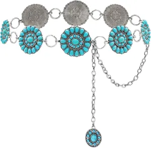 Boho Turquoise Concho Belt Silver Metal Western Turquoise Belts Waist Chain Belt for Women Dress