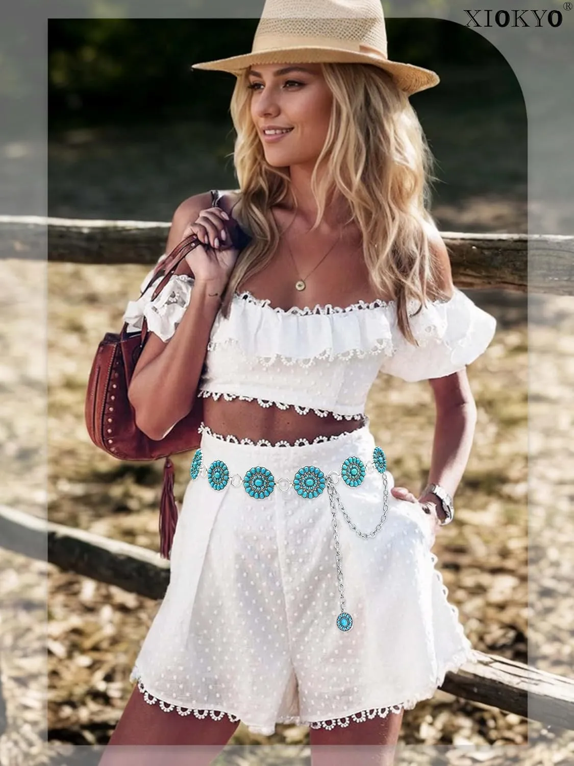 Boho Turquoise Concho Belt Silver Metal Western Turquoise Belts Waist Chain Belt for Women Dress