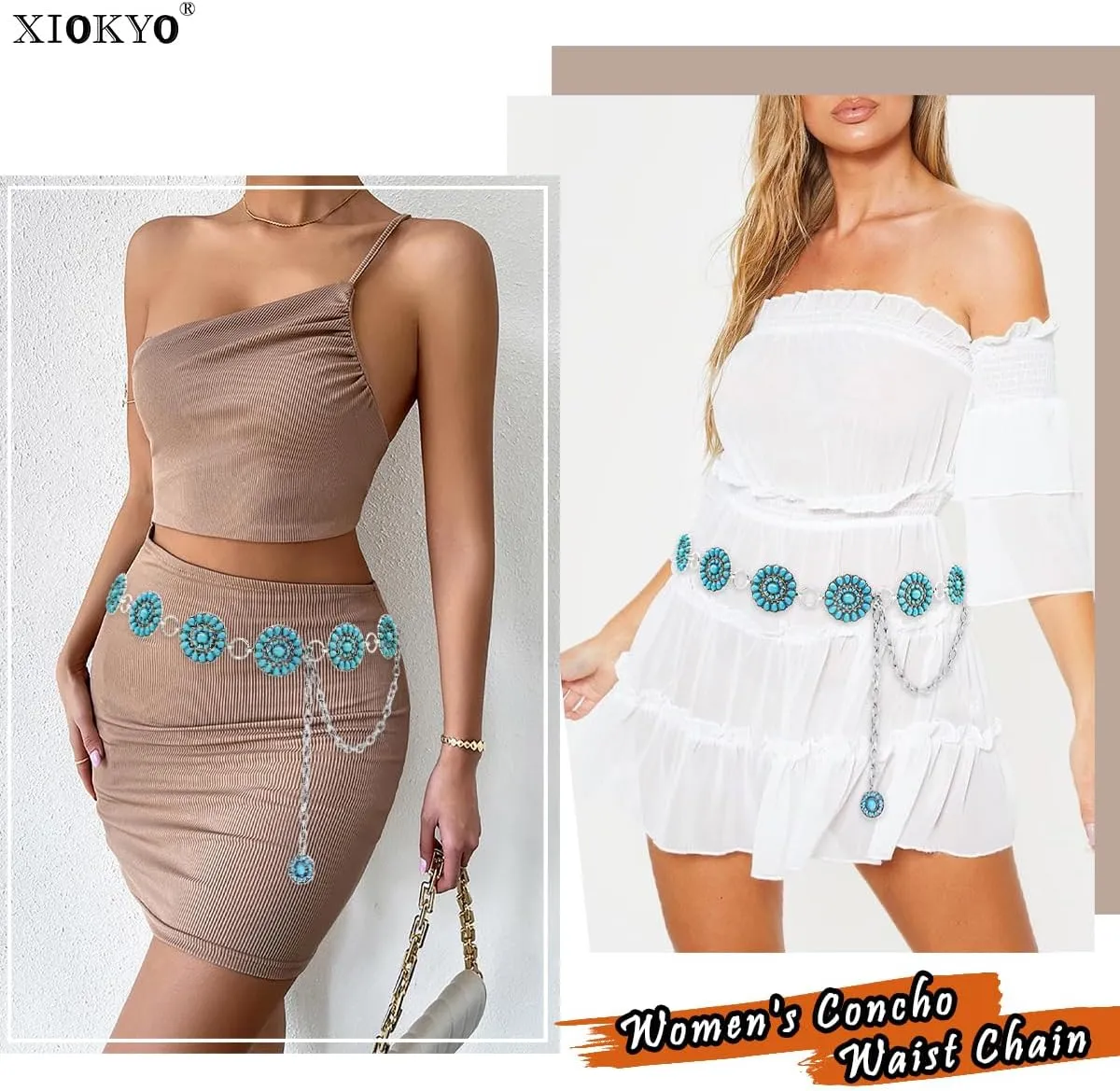 Boho Turquoise Concho Belt Silver Metal Western Turquoise Belts Waist Chain Belt for Women Dress