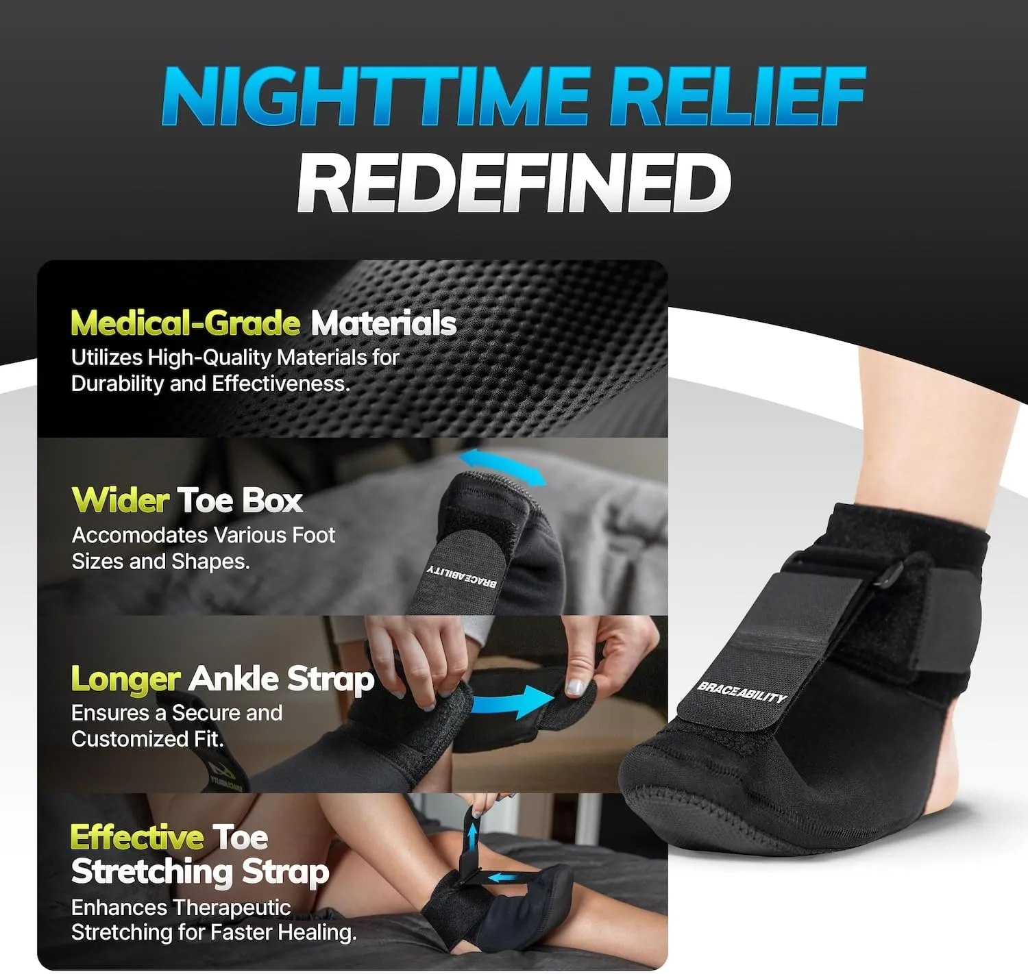 BraceAbility Plantar Fasciitis Night Splint Sock - Soft Plantar Fascia Brace for Sleeping, Achilles Tendonitis, Foot Drop, Heel Pain - Plantar Fasciitis Relief Night Splint for Women and Men (Large)