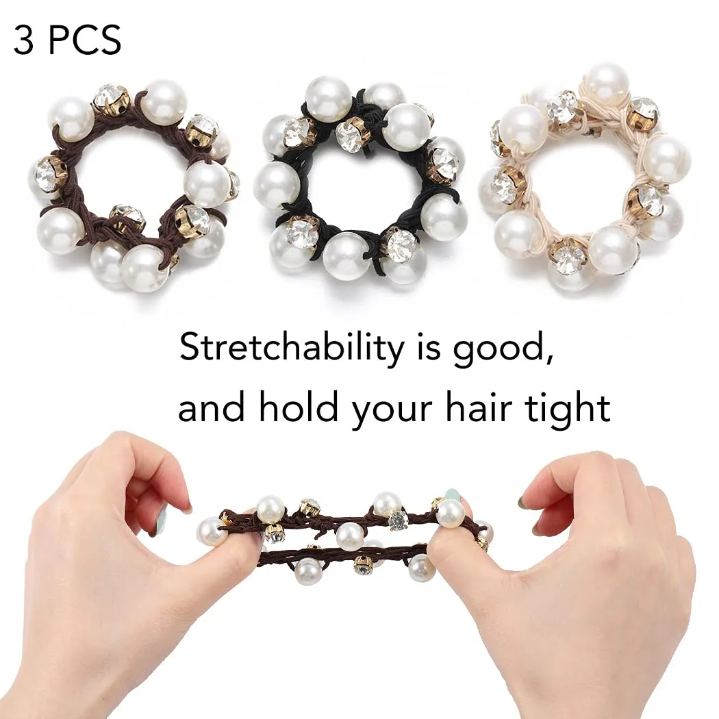 Brinie Pearl Hair Ties Black Ponytail Holders Elastic Crystal Hair Scrunchies Pearl Hair Accessories for Women and Girls (Pack of 3)
