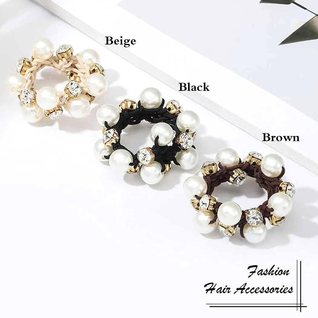 Brinie Pearl Hair Ties Black Ponytail Holders Elastic Crystal Hair Scrunchies Pearl Hair Accessories for Women and Girls (Pack of 3)