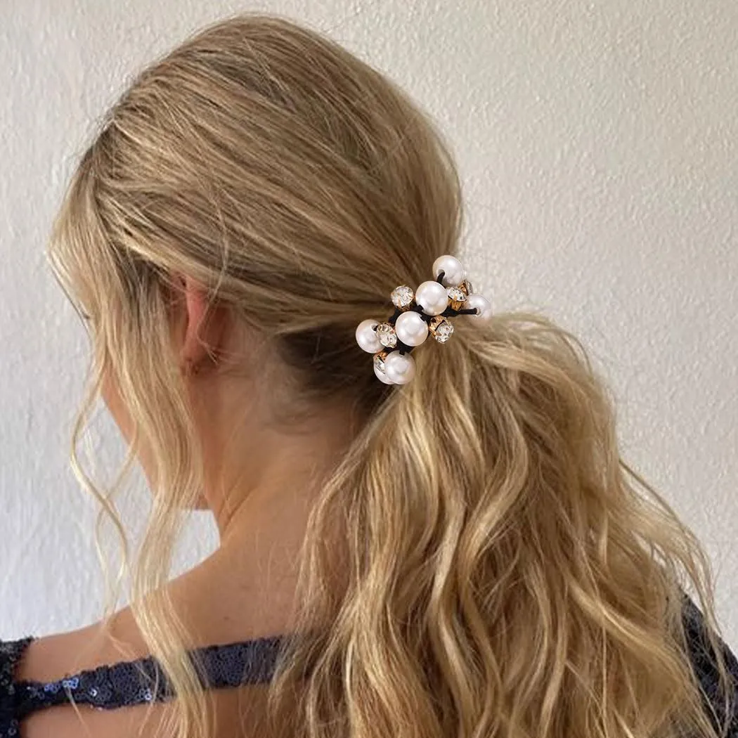 Brinie Pearl Hair Ties Black Ponytail Holders Elastic Crystal Hair Scrunchies Pearl Hair Accessories for Women and Girls (Pack of 3)