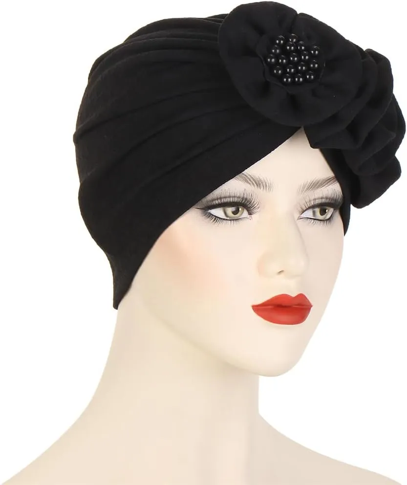 Chemo Turban Caps for Women - Bead Flower Solid Headwear Hats Pre Tied Headwraps for Cancer Patients