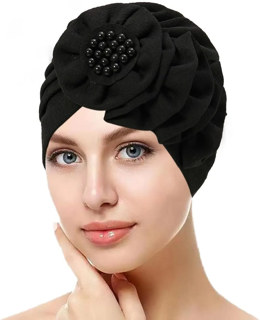 Chemo Turban Caps for Women - Bead Flower Solid Headwear Hats Pre Tied Headwraps for Cancer Patients