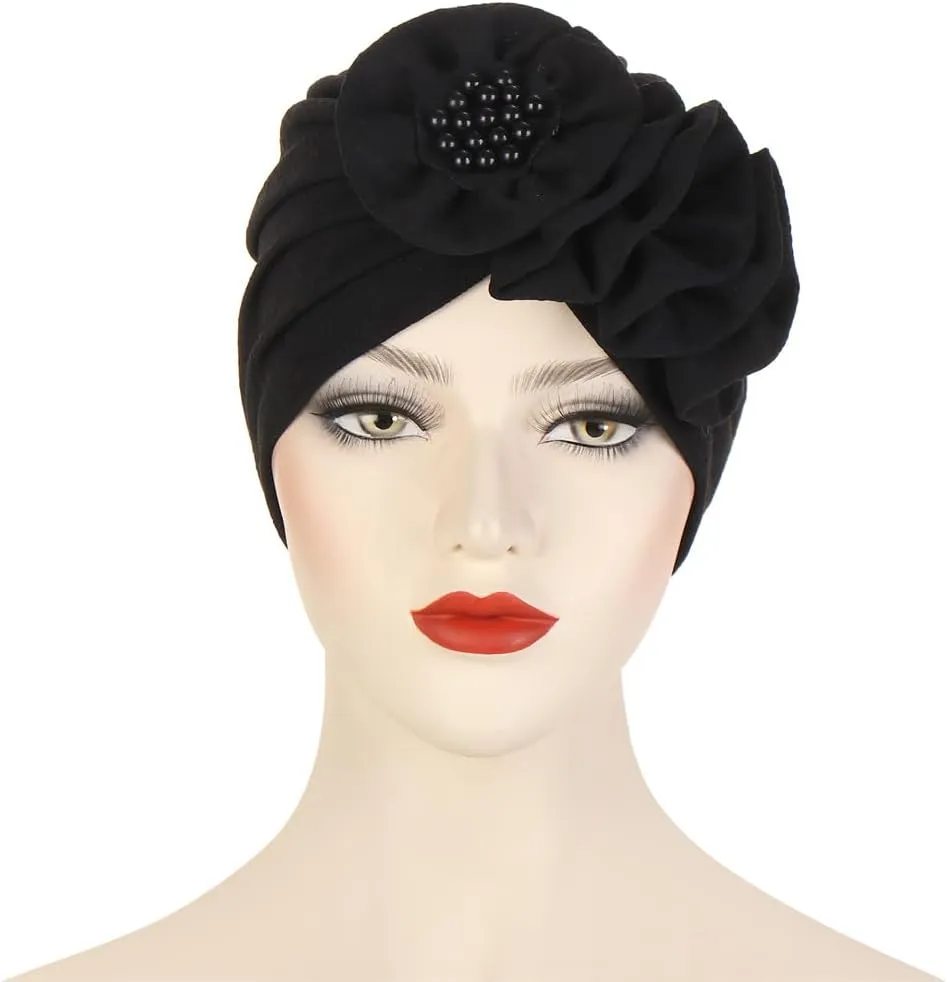 Chemo Turban Caps for Women - Bead Flower Solid Headwear Hats Pre Tied Headwraps for Cancer Patients