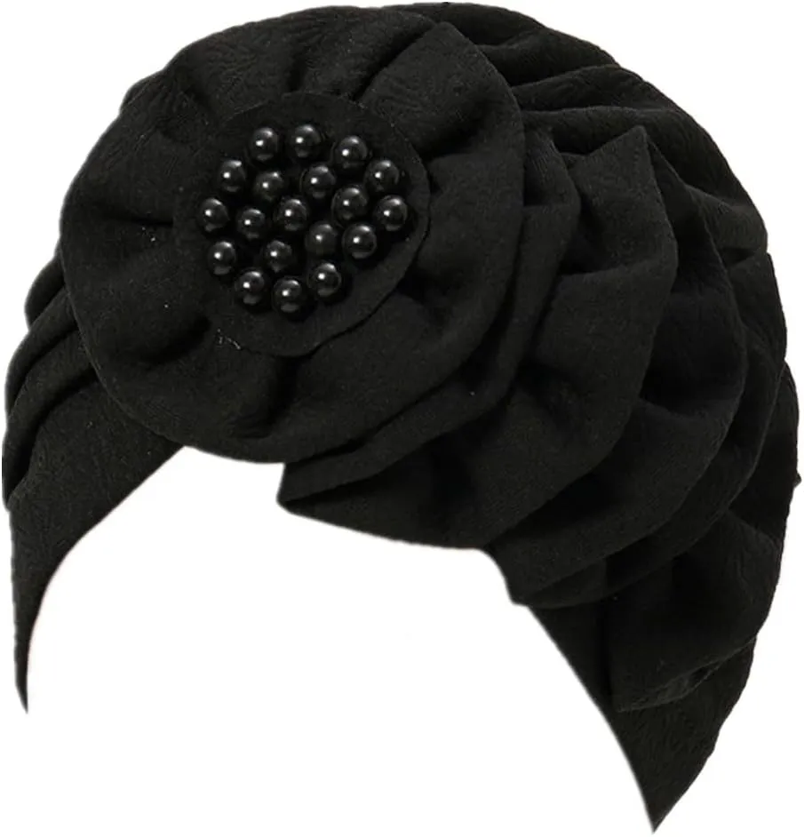 Chemo Turban Caps for Women - Bead Flower Solid Headwear Hats Pre Tied Headwraps for Cancer Patients