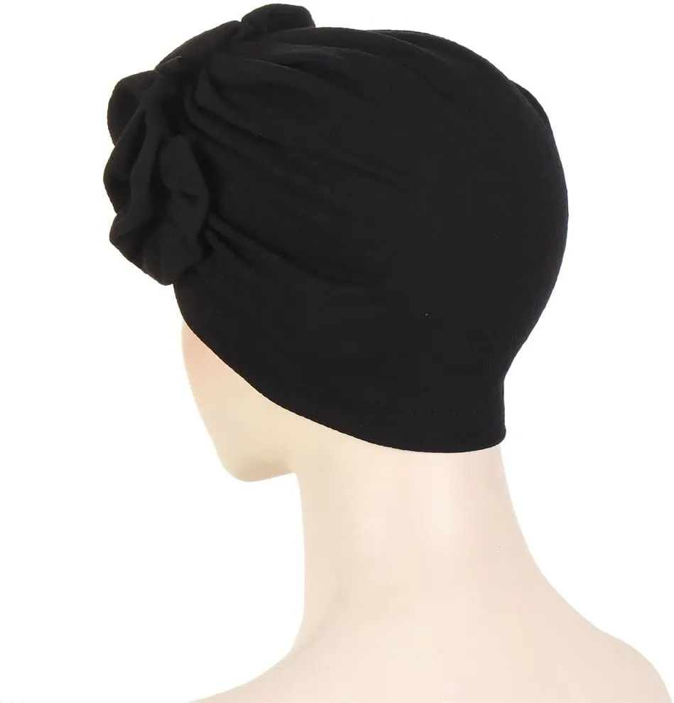Chemo Turban Caps for Women - Bead Flower Solid Headwear Hats Pre Tied Headwraps for Cancer Patients