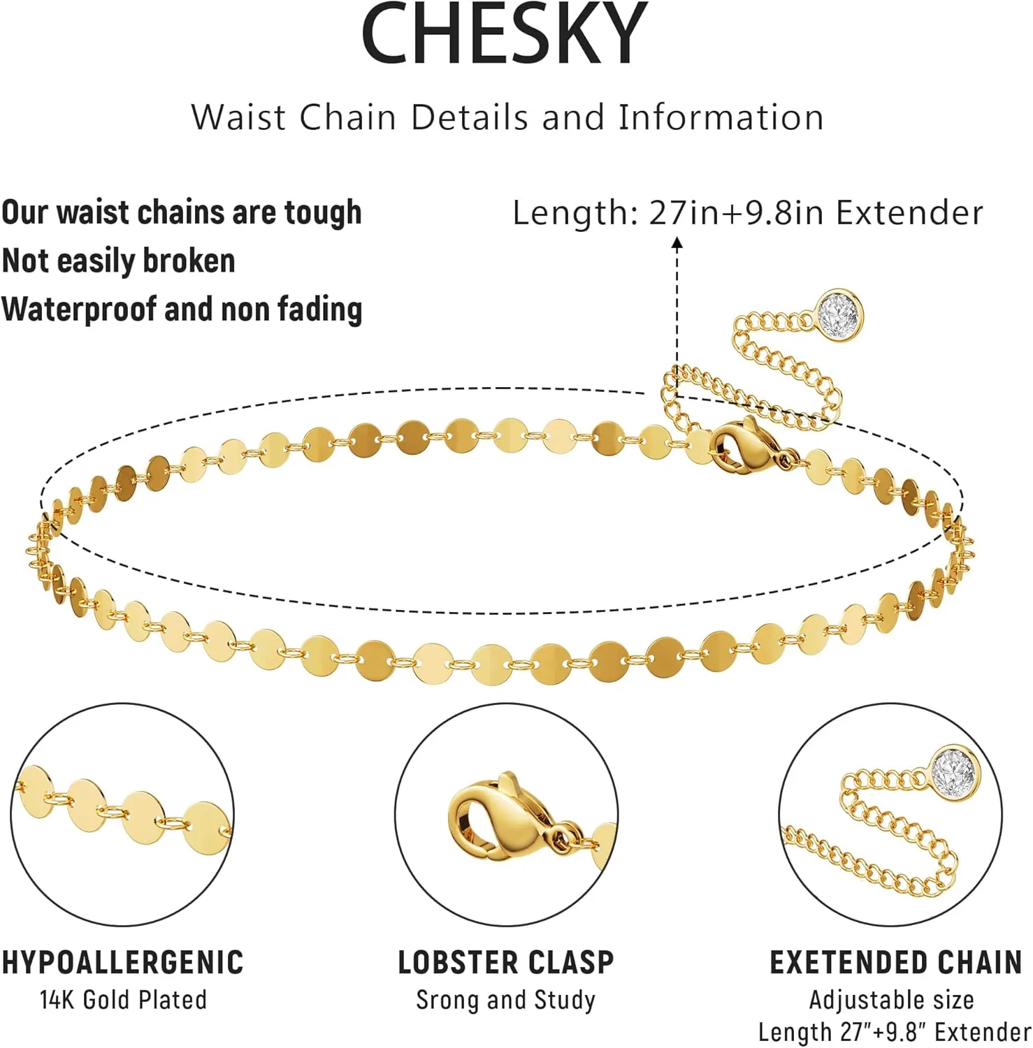 CHESKY Gold Waist Chain, Dainty Body Chain Jewelry for Women Non Tarnish Adjustable Waterproof Belly Chain Sexy Waist Beads for Womens Chain Belt Gold Heart Cross Bow Beach Prom Jewelry for Women