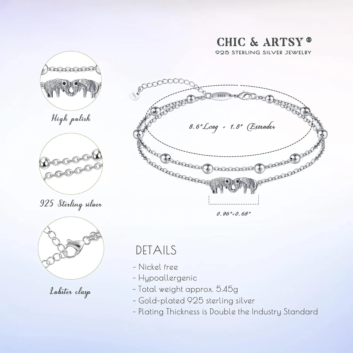 CHIC & ARTSY Women Anklets S925 Sterling Silver Cute Animal Layered Anklet Bracelet Adjustable Multilayer Beach Anklet Bracelet Summer Foot Jewelry Cable Chain 10-11 Inches
