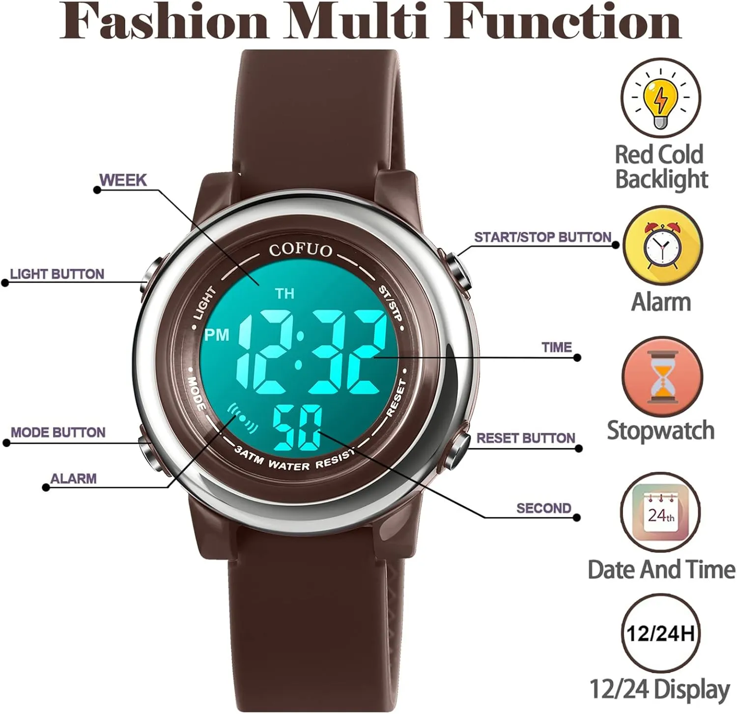 cofuo Kids Digital Sport Waterproof Watch for Girls Boys, Kid Sports Outdoor LED Electrical Watches with Luminous Alarm Stopwatch Child Wristwatch