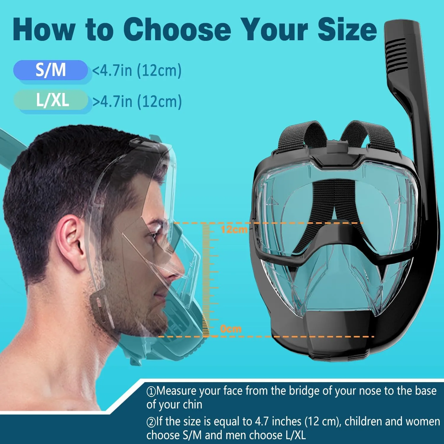 COOLOO Full Face Snorkel Mask, Snorkeling Gear for Adults & Youth, Side Snorkel Design-Safer Breathing System, 180 Degree Panoramic View Snorkel Set, Anti-Fog Anti-Leak