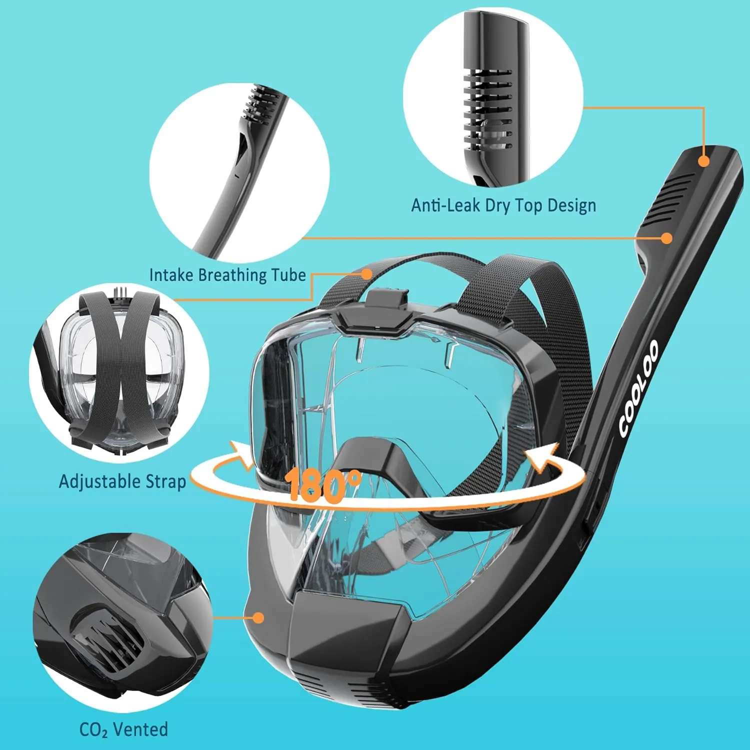 COOLOO Full Face Snorkel Mask, Snorkeling Gear for Adults & Youth, Side Snorkel Design-Safer Breathing System, 180 Degree Panoramic View Snorkel Set, Anti-Fog Anti-Leak