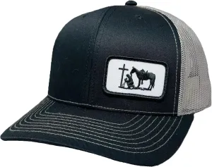 DALLY Up Christian Praying Cowboy Western Lifestyle Adjustable 6-Panel Snapback Hat (Praying Cowboy Small Patch - Black/Silver)