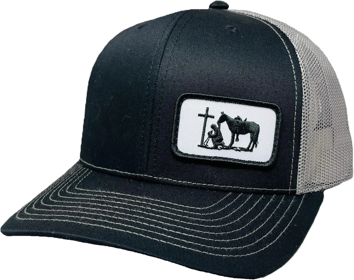 DALLY Up Christian Praying Cowboy Western Lifestyle Adjustable 6-Panel Snapback Hat (Praying Cowboy Small Patch - Black/Silver)