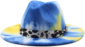 DHAEY Autumn and Winter Tie-Dyed Colored Wool Fashion Flat Brim Jazz Hat European and American Style New Felt Hat Luopan Caps & Hats (Color : Blue Yellow, Size : 56-58cm)