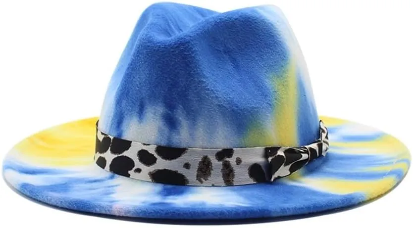 DHAEY Autumn and Winter Tie-Dyed Colored Wool Fashion Flat Brim Jazz Hat European and American Style New Felt Hat Luopan Caps & Hats (Color : Blue Yellow, Size : 56-58cm)