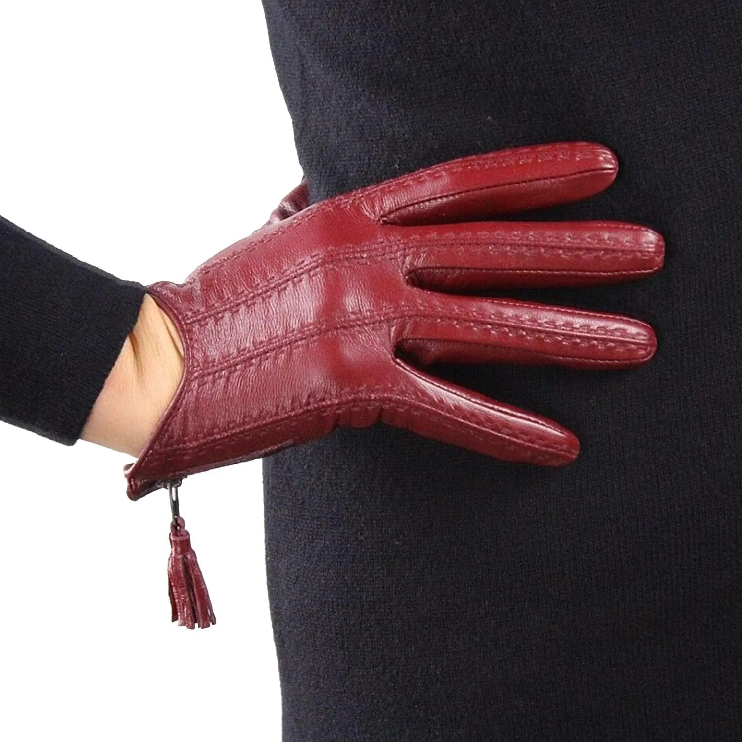 DooWay Women's Short Real Leather Driving Gloves Touchscreen Imported Goatskin Leather Tassel Zipper Winter Warm Gloves