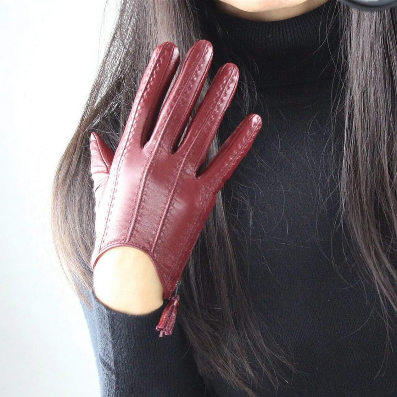 DooWay Women's Short Real Leather Driving Gloves Touchscreen Imported Goatskin Leather Tassel Zipper Winter Warm Gloves