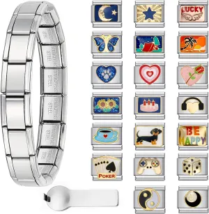 Double Fair Italian Charm Bracelet with 10 or 20 Charms, Stainless Steel Adjustable DIY Charm Bracelet for Women & Men, Includes Opener Tool  Gold or Silver Options