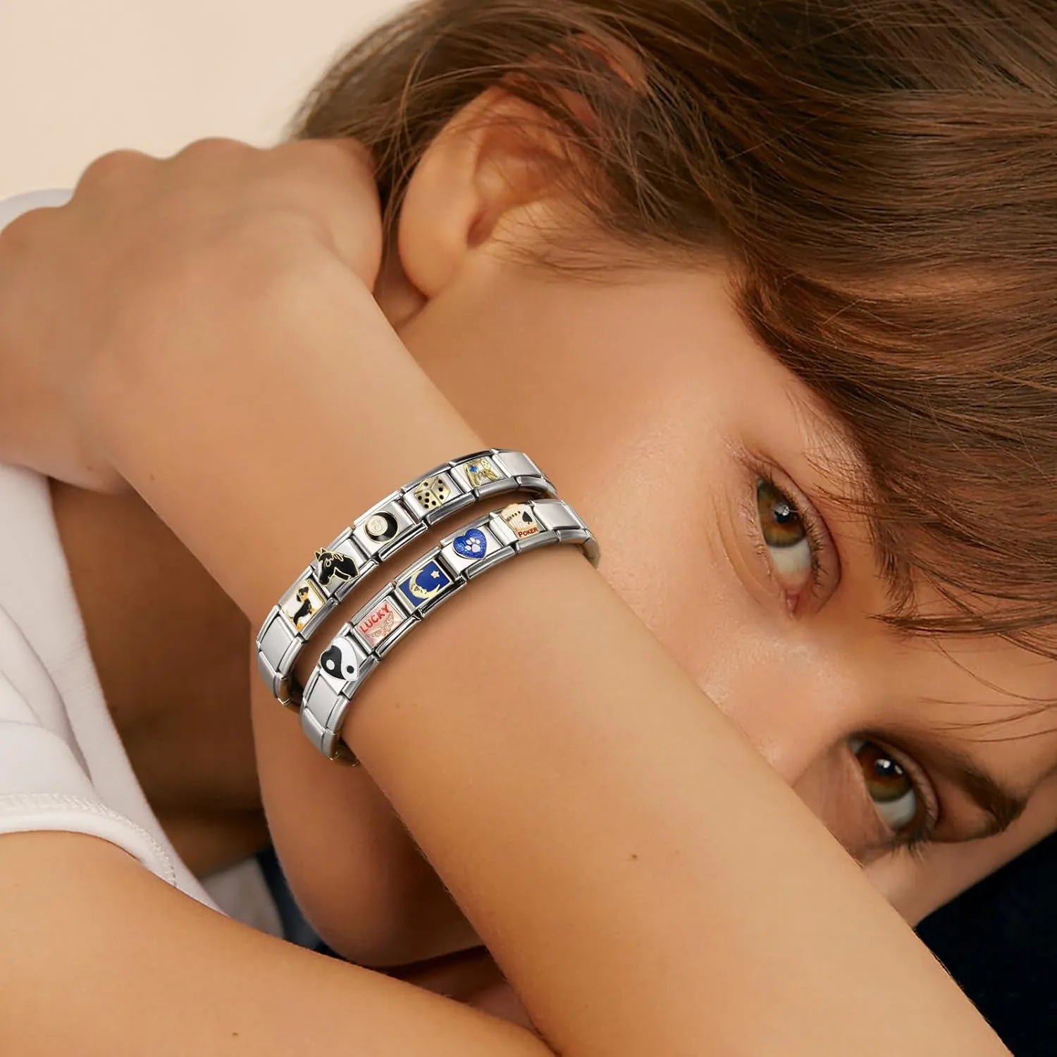 Double Fair Italian Charm Bracelet with 10 or 20 Charms, Stainless Steel Adjustable DIY Charm Bracelet for Women & Men, Includes Opener Tool  Gold or Silver Options