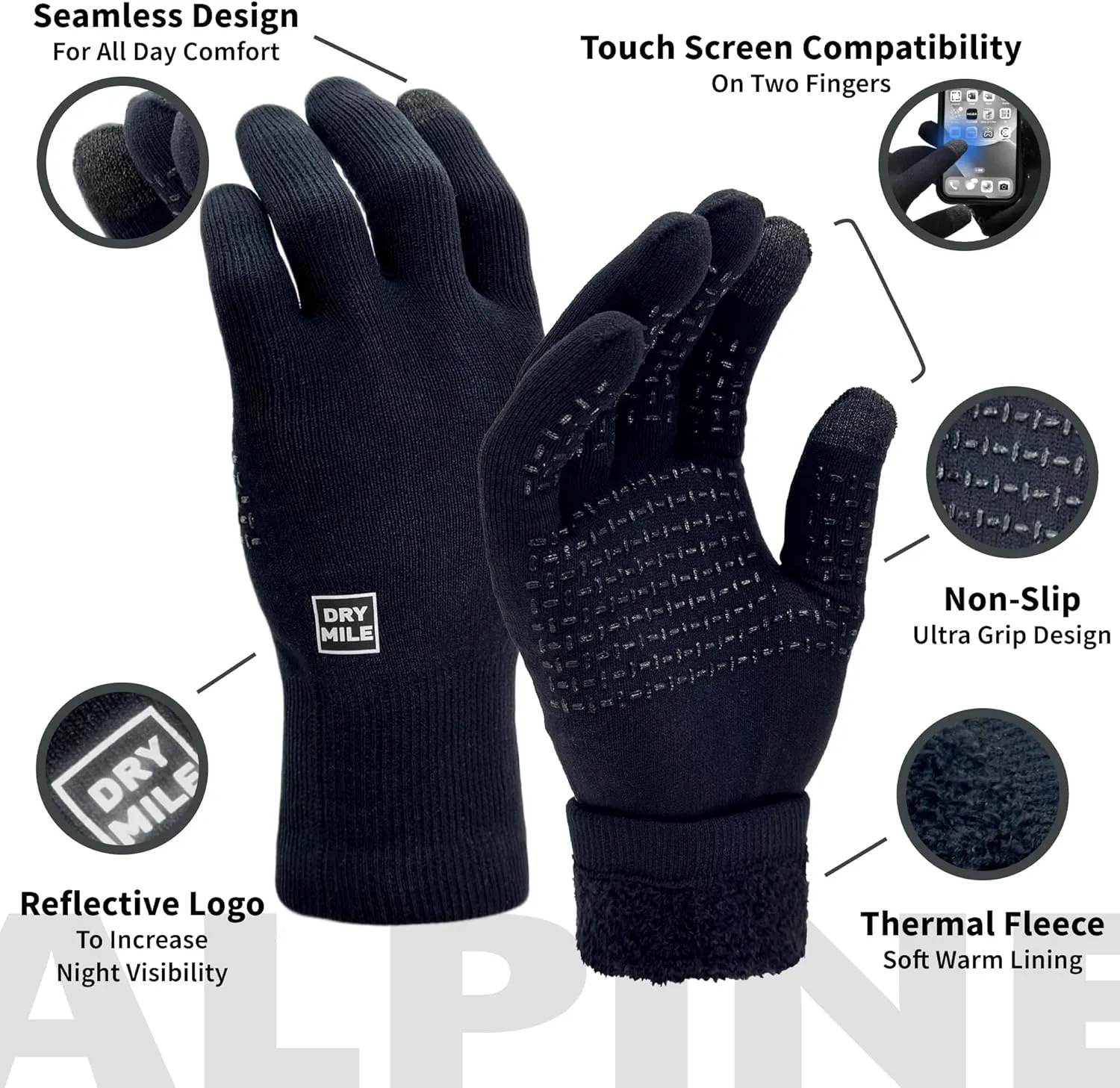 DRYMILE Alpine Waterproof Gloves - Warm Thermal Fleece Touchscreen Winter Gloves for Men & Women - Work, Hiking, Skiing, Running, Biking, Riding Glove. Ideal for Cold Weather (S-XL, Black)