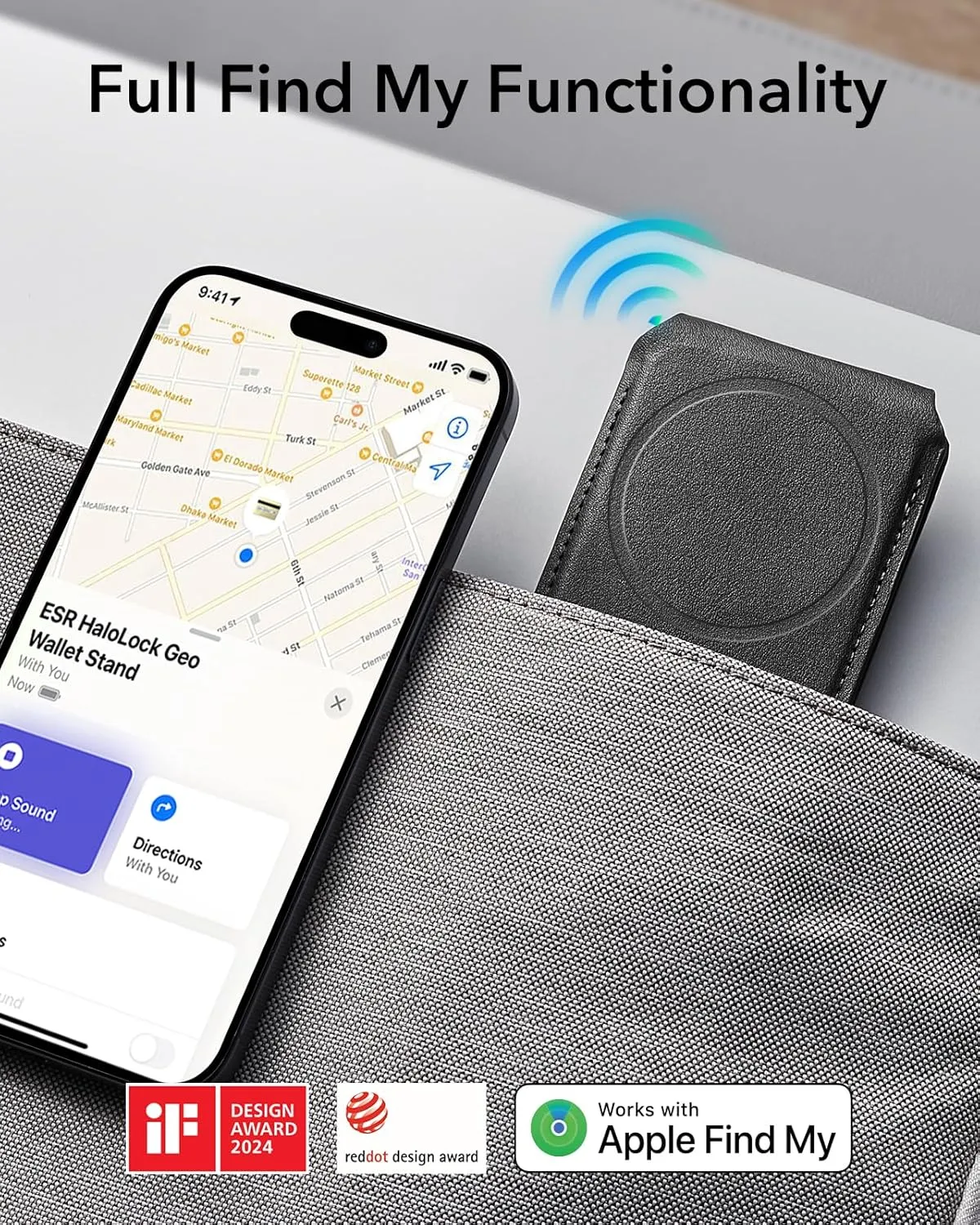 ESR for Magsafe Wallet with Full Find My Functionality, Magnetic Geo iPhone Wallet, Up to 3,000g Magnet Strength, Card-Holder with Adjustable Stand, for iPhone 16/15/14/13/12 Series, Black