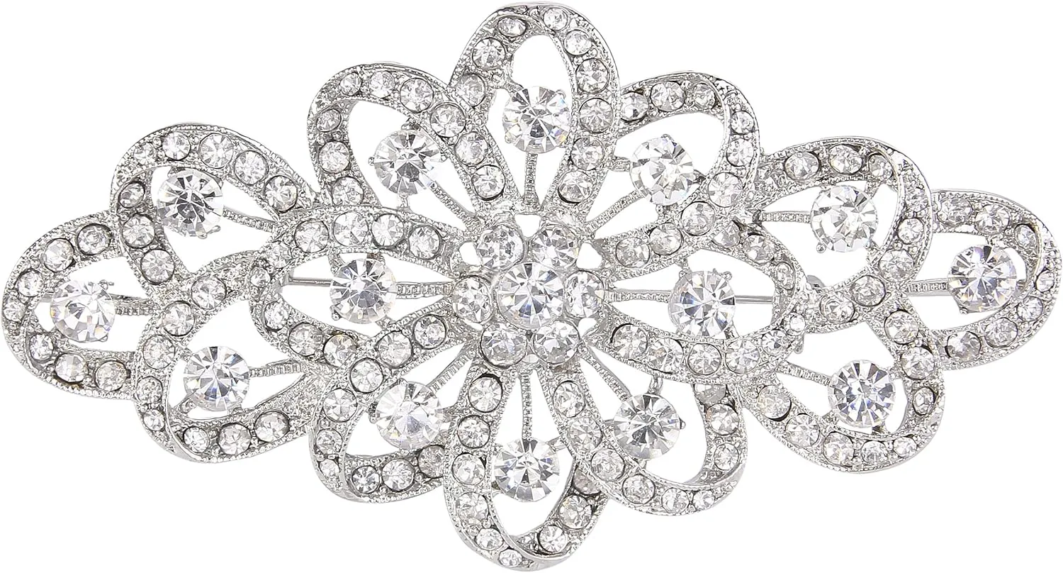 EVER FAITH 4 Inch Bridal Flower Ribbon Brooch Clear Austrian Crystal