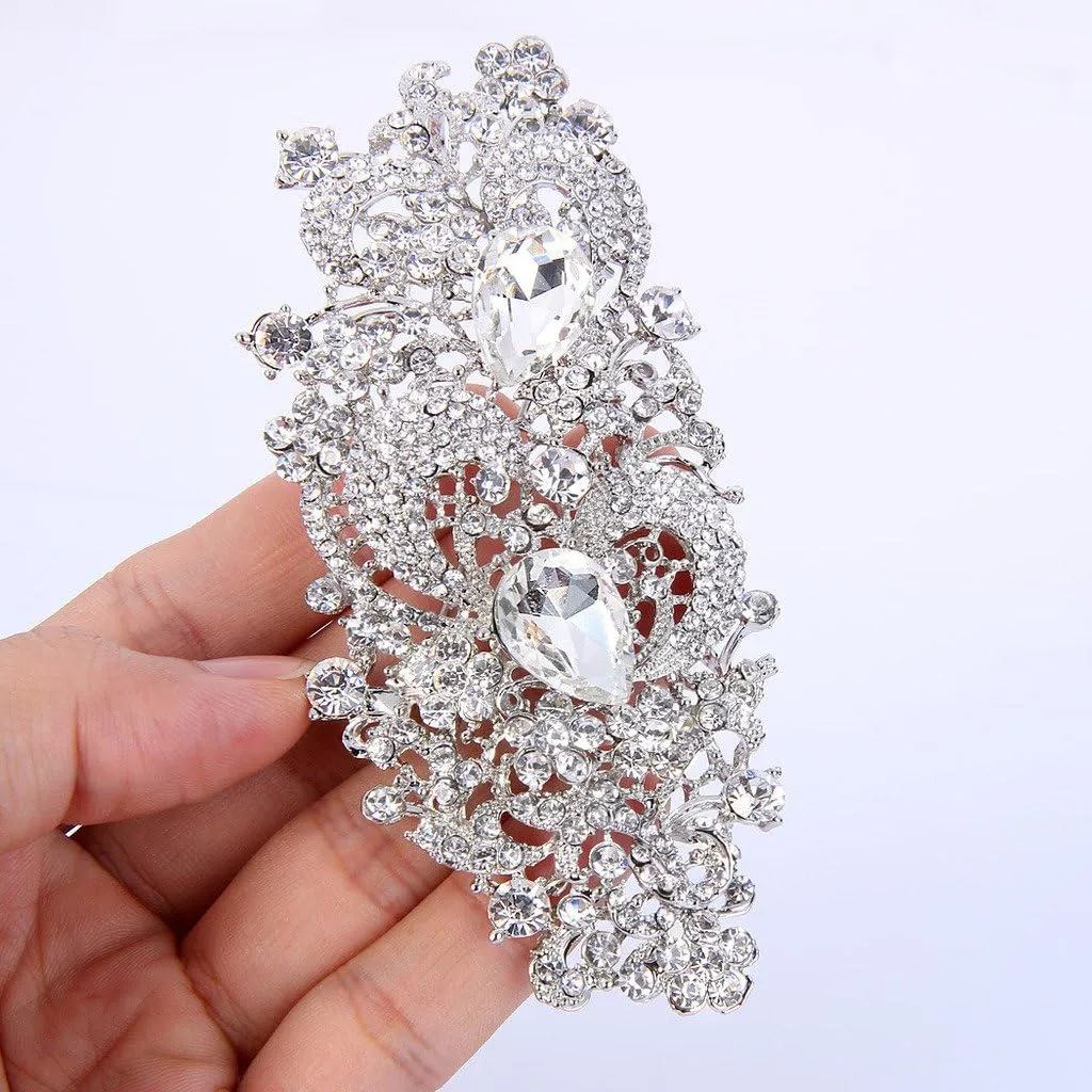 EVER FAITH Austrian Crystal 4.1 Inch Royal Flower Pattern Wedding Brooch Clear