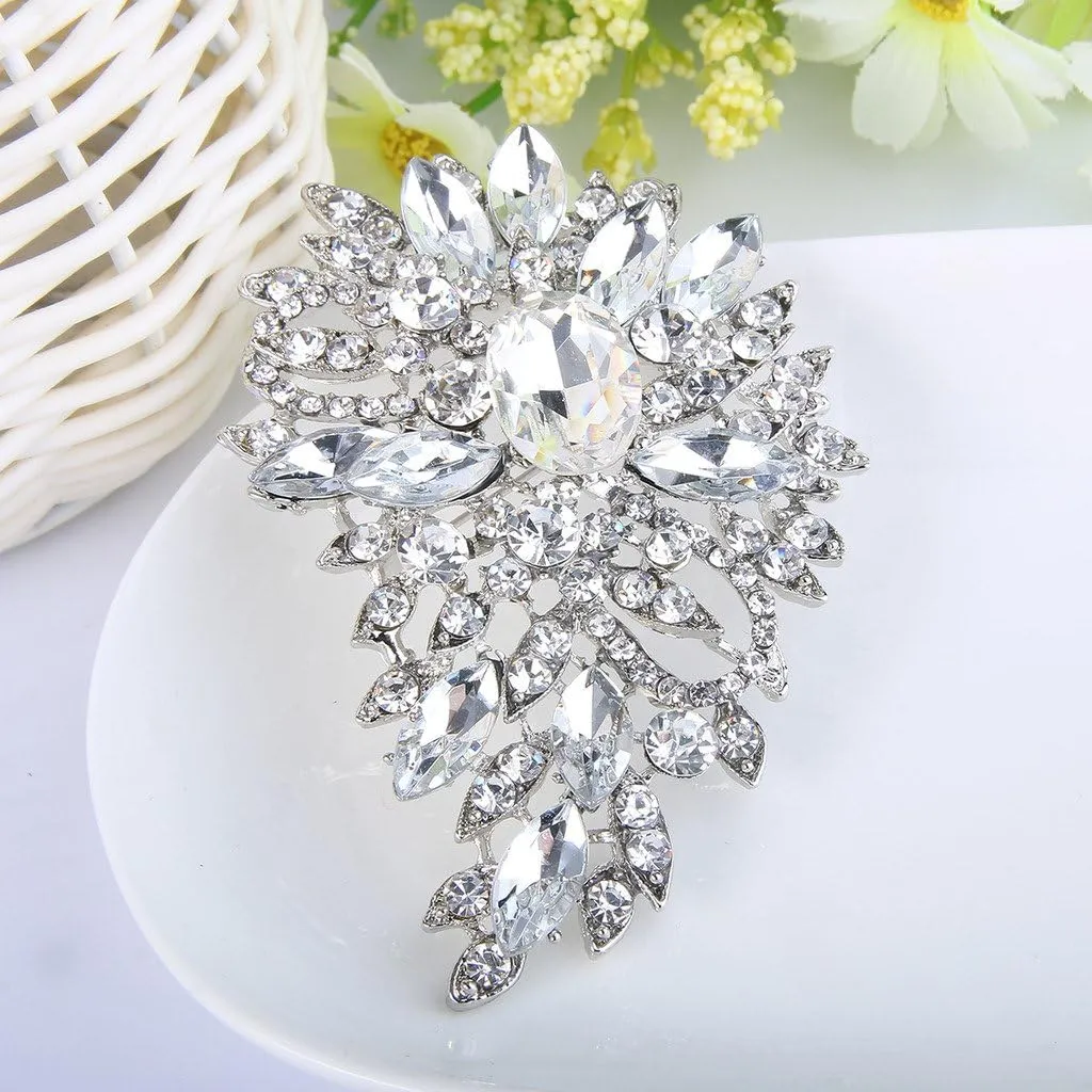 EVER FAITH Women's Austrian Crystal Wedding Flower Leaf Bouquet Brooch