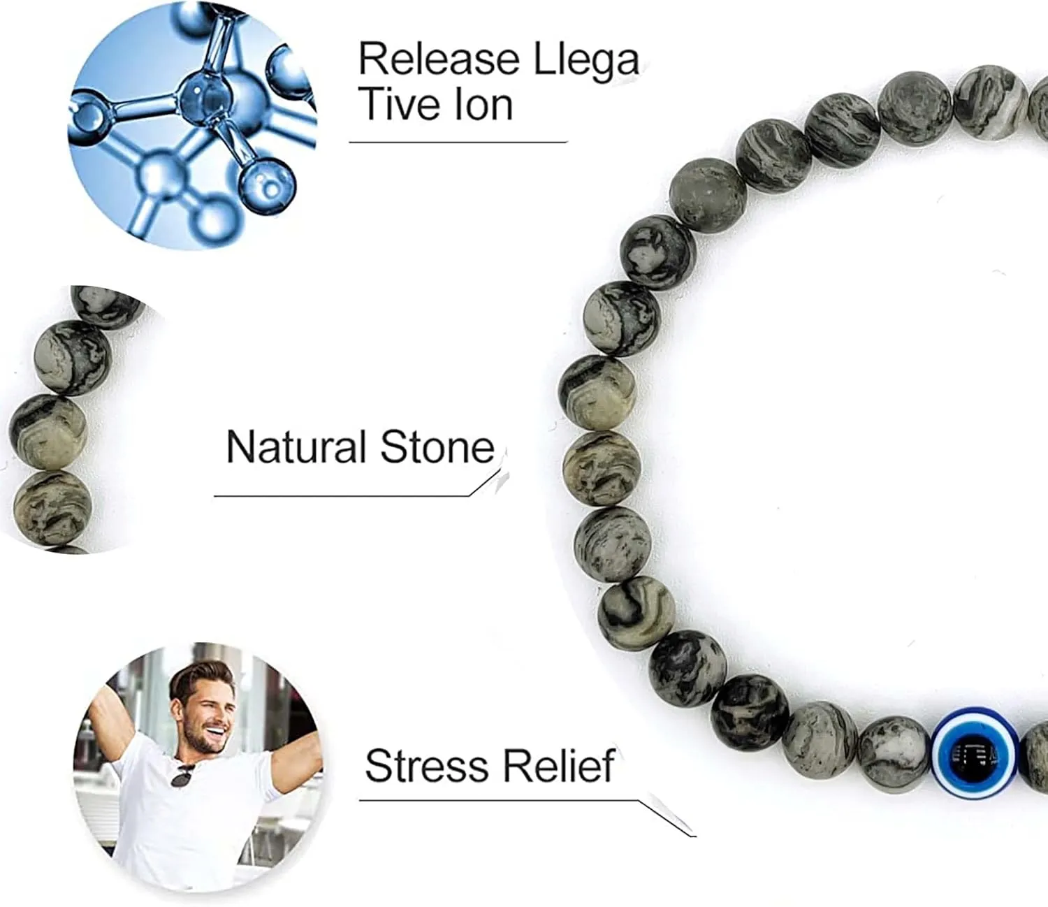 Evil Eye Bracelet 6mm Natural Stretch Adjustable Beaded Bracelets for Men