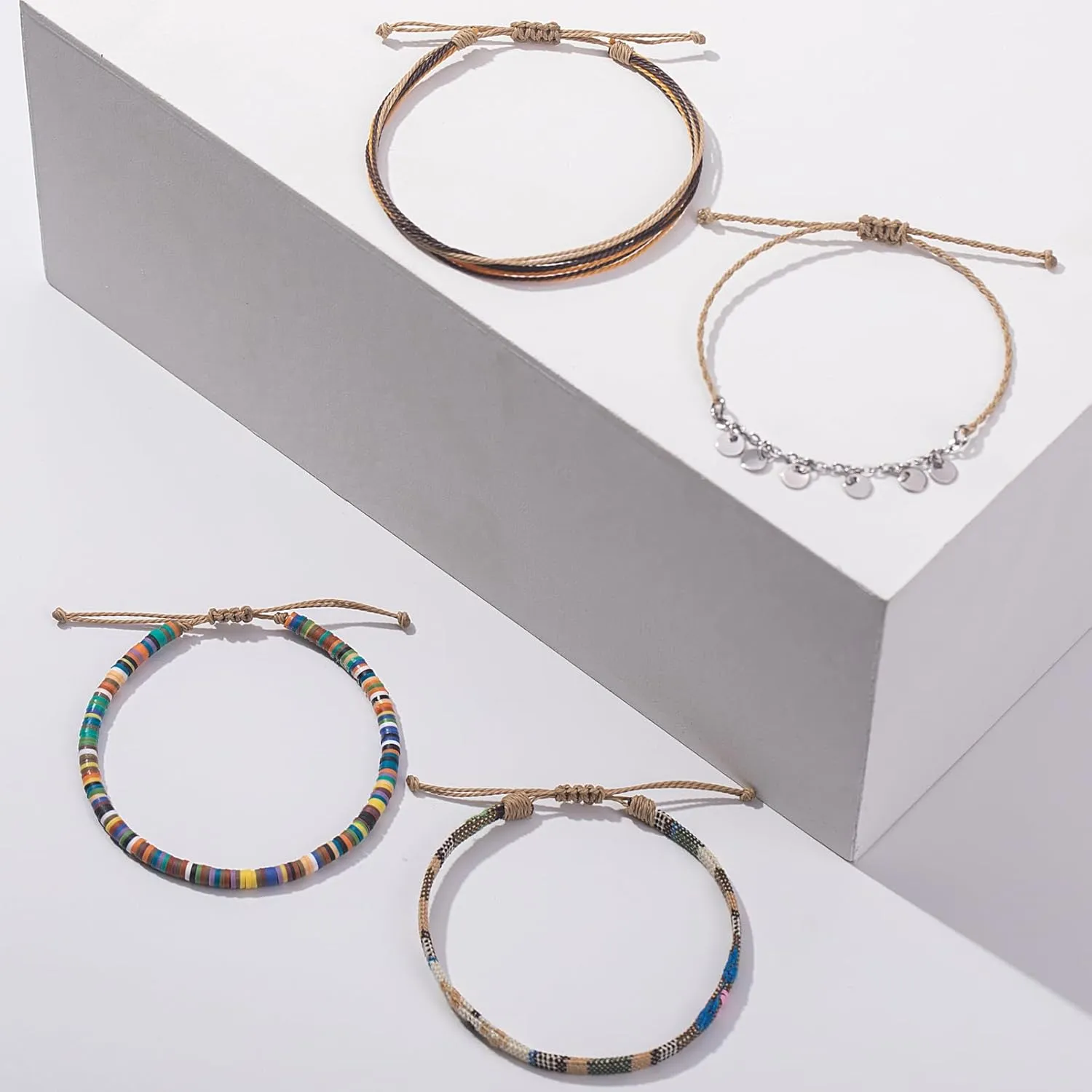 FANCY SHINY Waterproof String Anklets Boho Clay Beads Ankle Bracelets Cute Cloth Stainless Steel Coin Anklet Set Beach Summer Jewelry for Women
