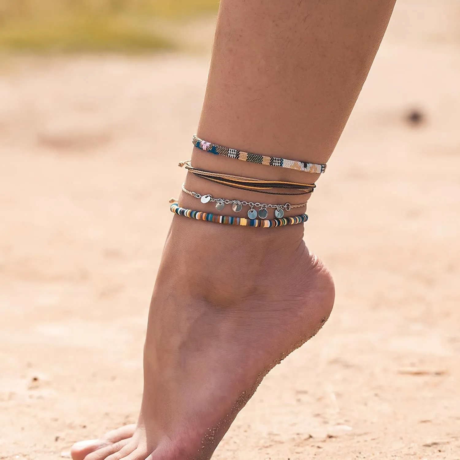 FANCY SHINY Waterproof String Anklets Boho Clay Beads Ankle Bracelets Cute Cloth Stainless Steel Coin Anklet Set Beach Summer Jewelry for Women