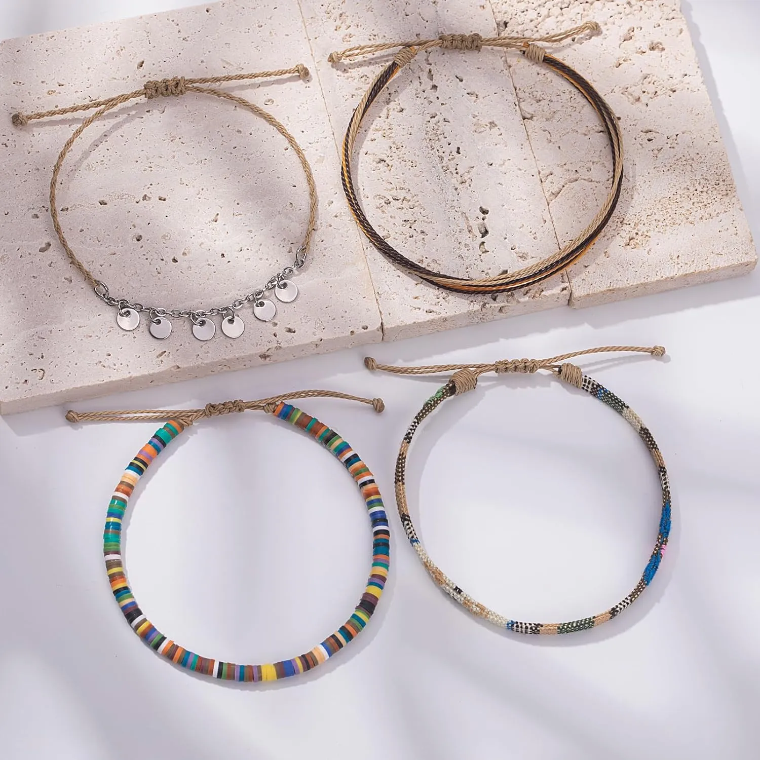 FANCY SHINY Waterproof String Anklets Boho Clay Beads Ankle Bracelets Cute Cloth Stainless Steel Coin Anklet Set Beach Summer Jewelry for Women