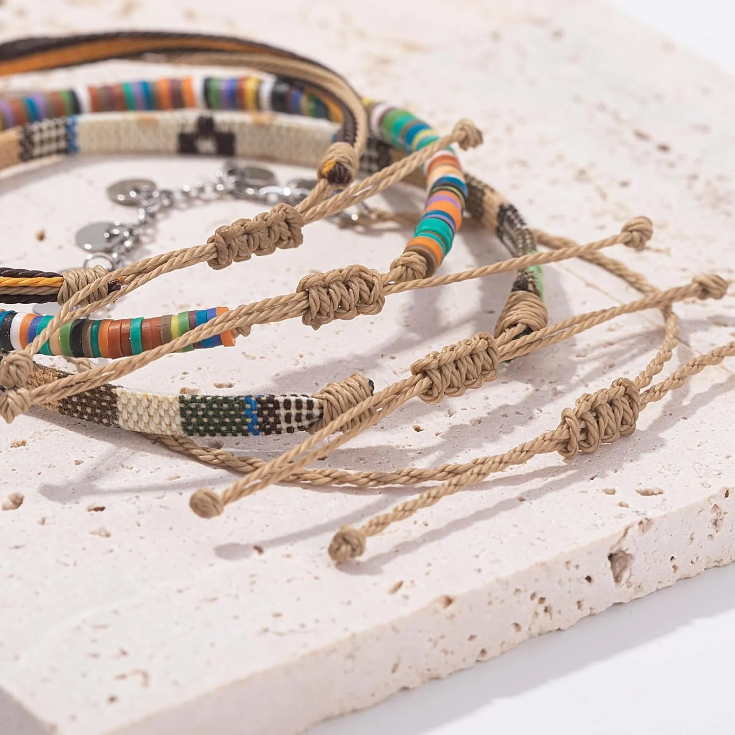 FANCY SHINY Waterproof String Anklets Boho Clay Beads Ankle Bracelets Cute Cloth Stainless Steel Coin Anklet Set Beach Summer Jewelry for Women