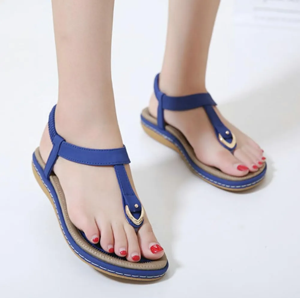 Flat Sandals for Women Casual Summer Bohemia Open Toe Sandals Metal Buckle Dressy Sandals with Comfy Elastic Ankle Strap
