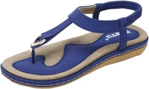 Flat Sandals for Women Casual Summer Bohemia Open Toe Sandals Metal Buckle Dressy Sandals with Comfy Elastic Ankle Strap