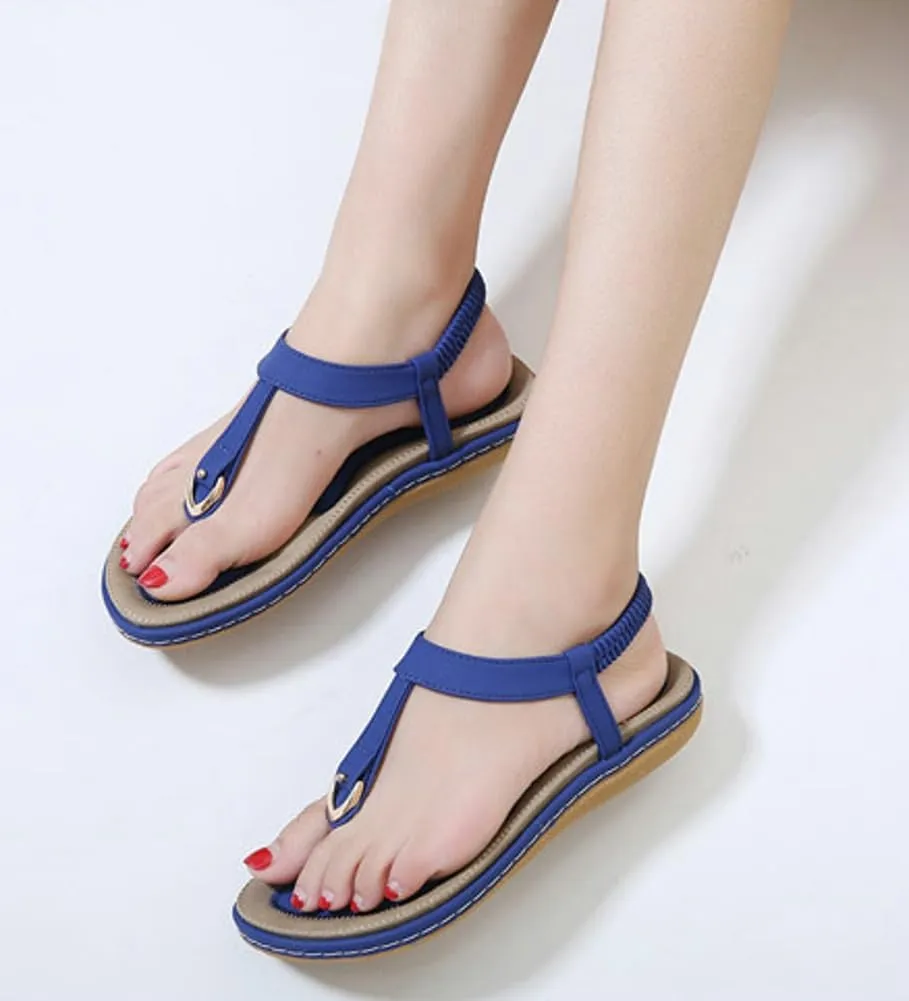 Flat Sandals for Women Casual Summer Bohemia Open Toe Sandals Metal Buckle Dressy Sandals with Comfy Elastic Ankle Strap