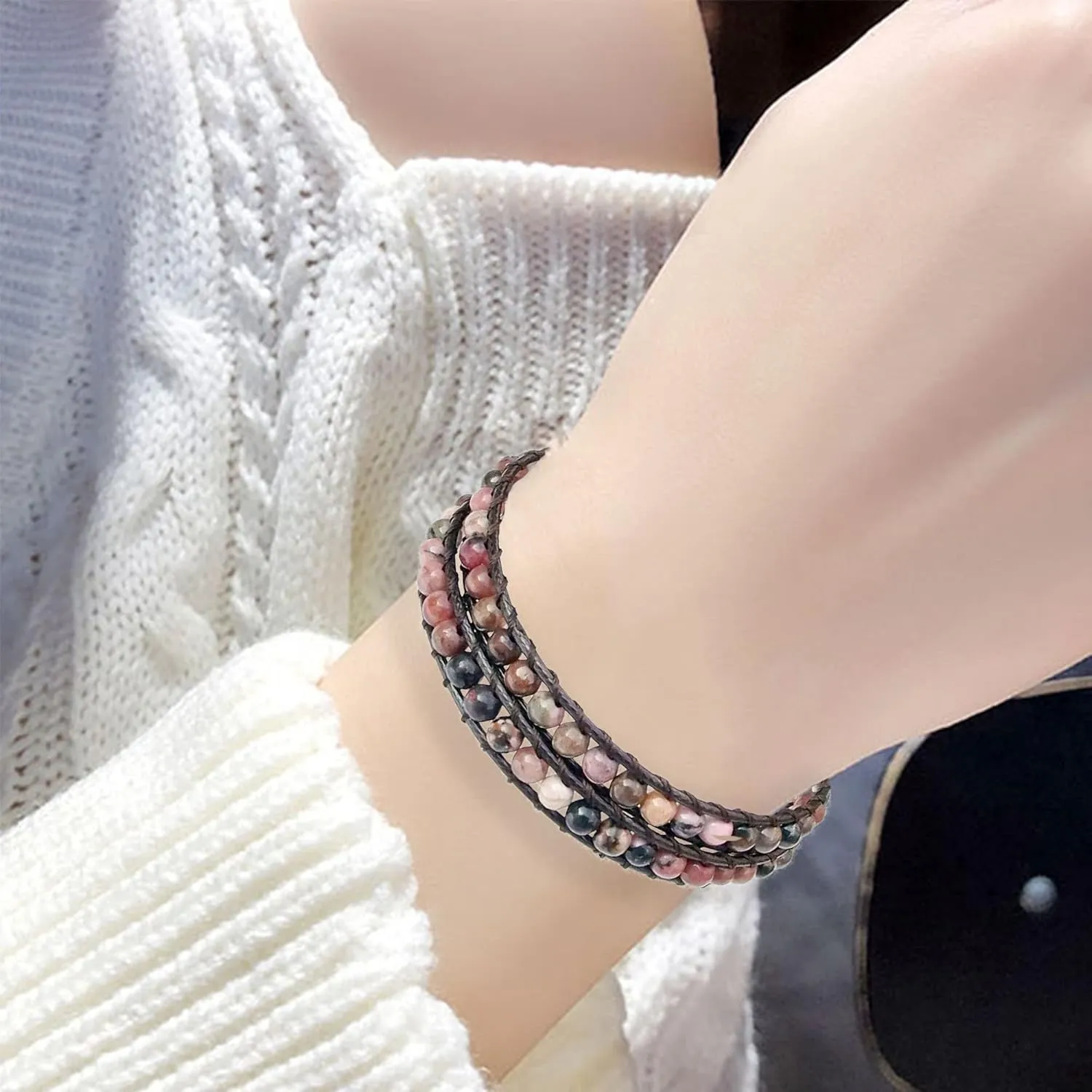 Genuine Stone Wrap Bracelets for Women Natural Crystal Beaded Wrap Bracelet 2/3/5 Adjustable Bohemian Bracelets Jewelry Gifts for Women Mom