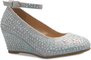 Girls Close Round Toe Glitter Rhinestone Comfort Kitten Low Wedge