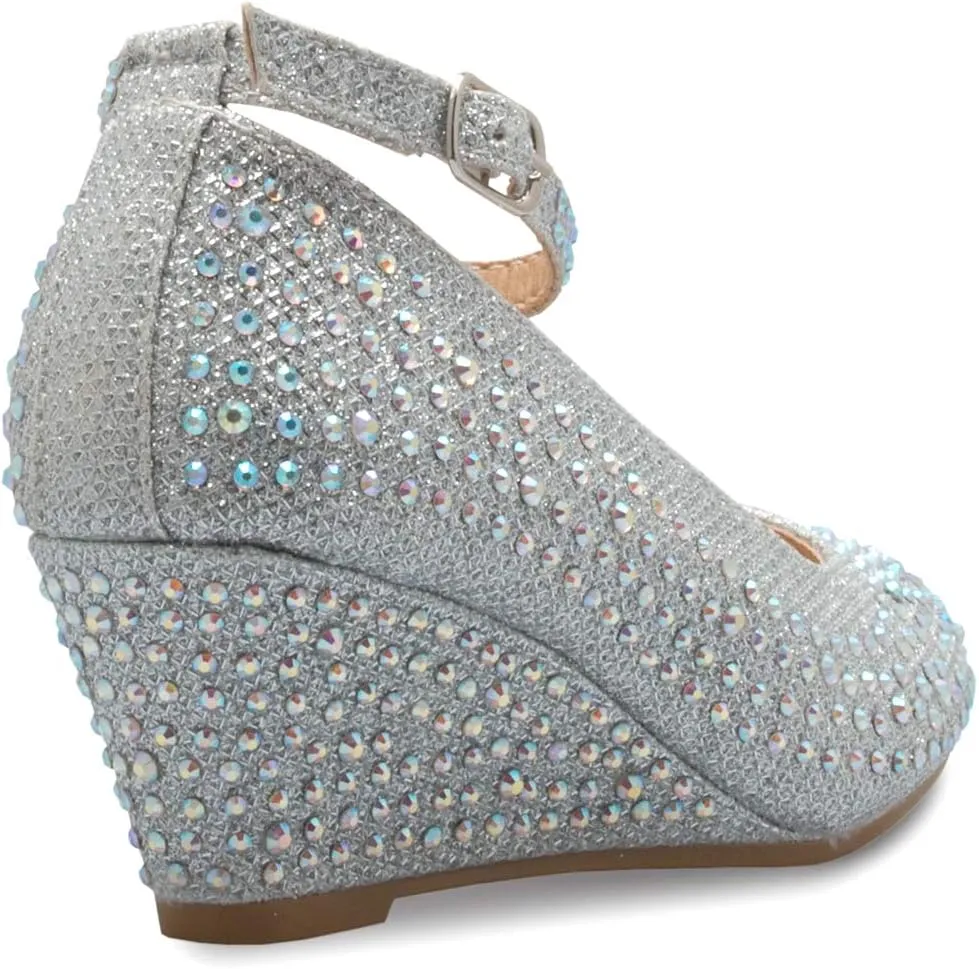 Girls Close Round Toe Glitter Rhinestone Comfort Kitten Low Wedge