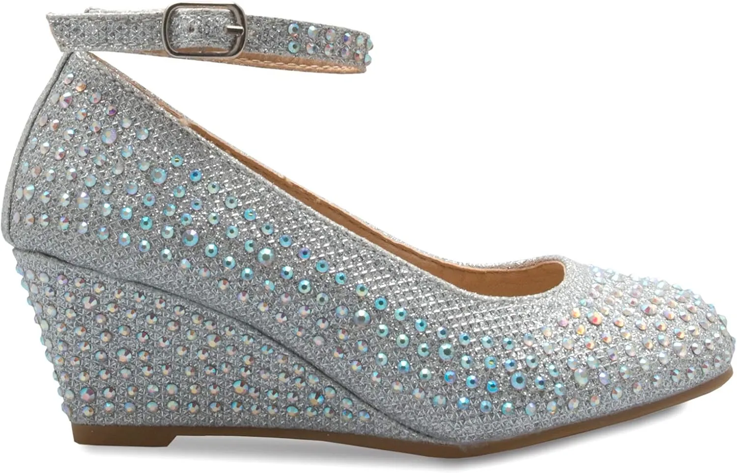 Girls Close Round Toe Glitter Rhinestone Comfort Kitten Low Wedge