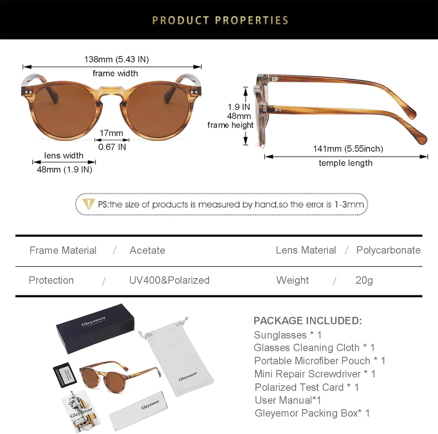 Gleyemor Fashion Polarized Round Sunglasses for Men Women Retro Vintage Acetate Frame Sunglasses