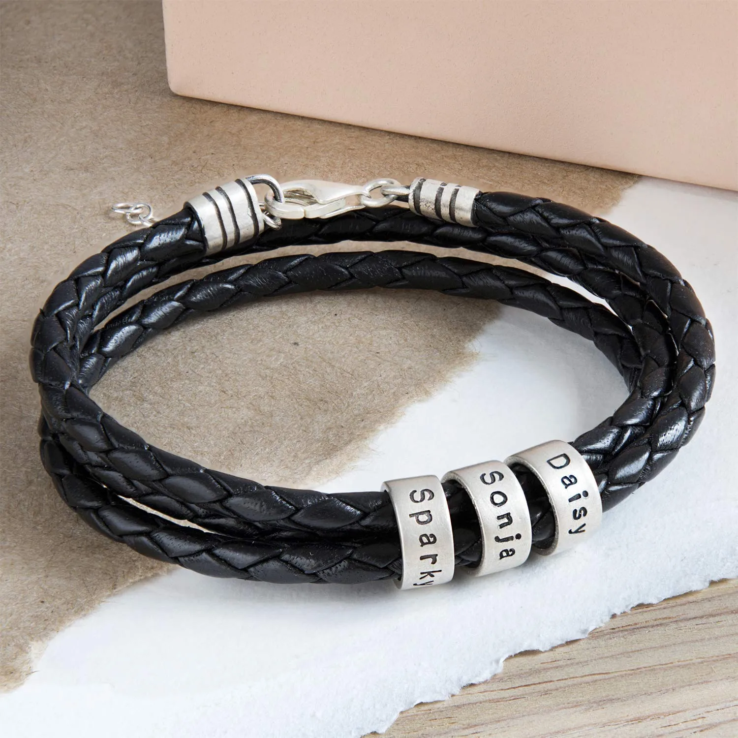 Handmade Personalized Women's Custom Engraved Small Beads Sterling Silver 925 Adjustable Genuine Black Leather Bracelet - Woman Personalized Birthday Christmas Jewelry Gift for Her (Sterling Silver)