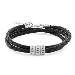 Handmade Personalized Women's Custom Engraved Small Beads Sterling Silver 925 Adjustable Genuine Black Leather Bracelet - Woman Personalized Birthday Christmas Jewelry Gift for Her (Sterling Silver)