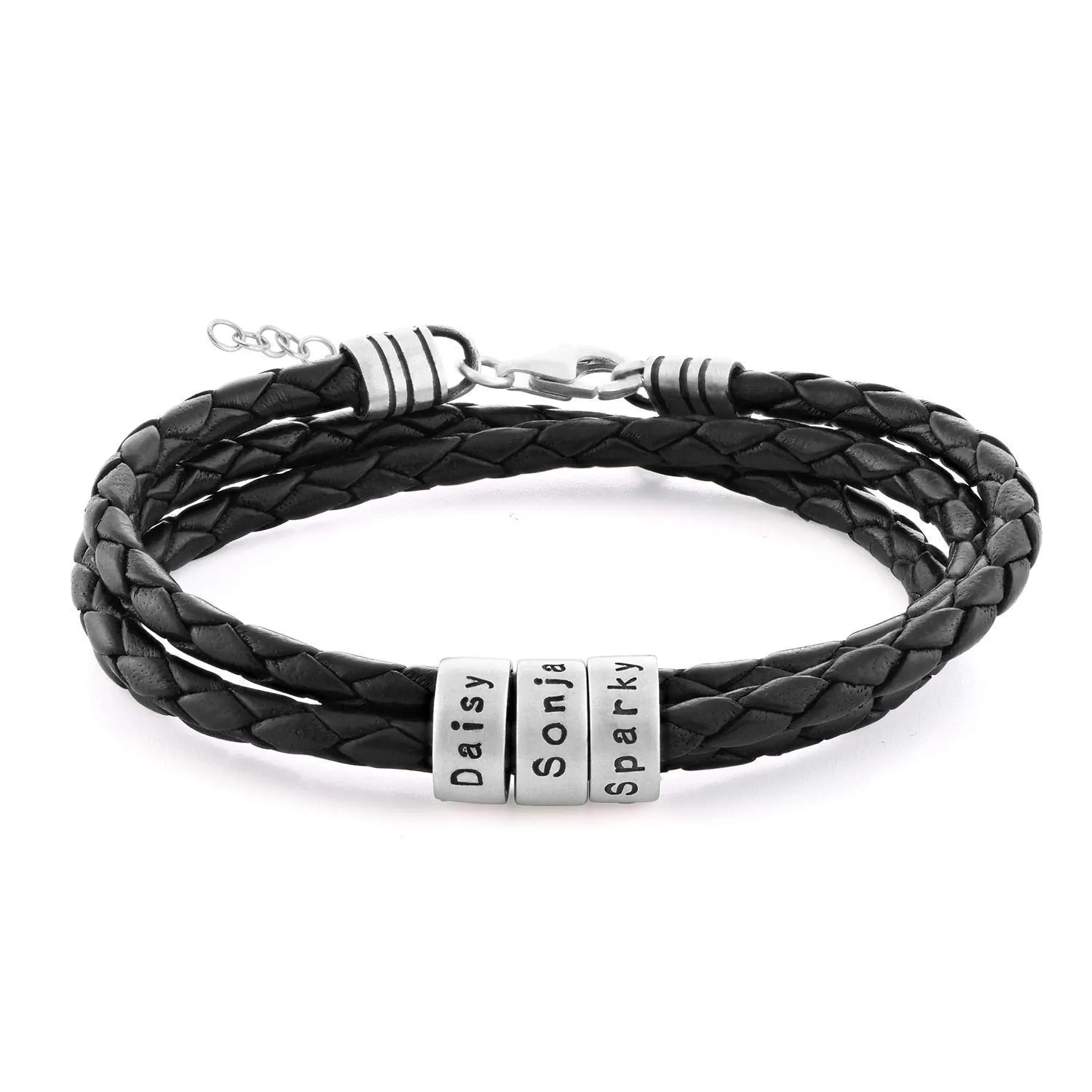Handmade Personalized Women's Custom Engraved Small Beads Sterling Silver 925 Adjustable Genuine Black Leather Bracelet - Woman Personalized Birthday Christmas Jewelry Gift for Her (Sterling Silver)