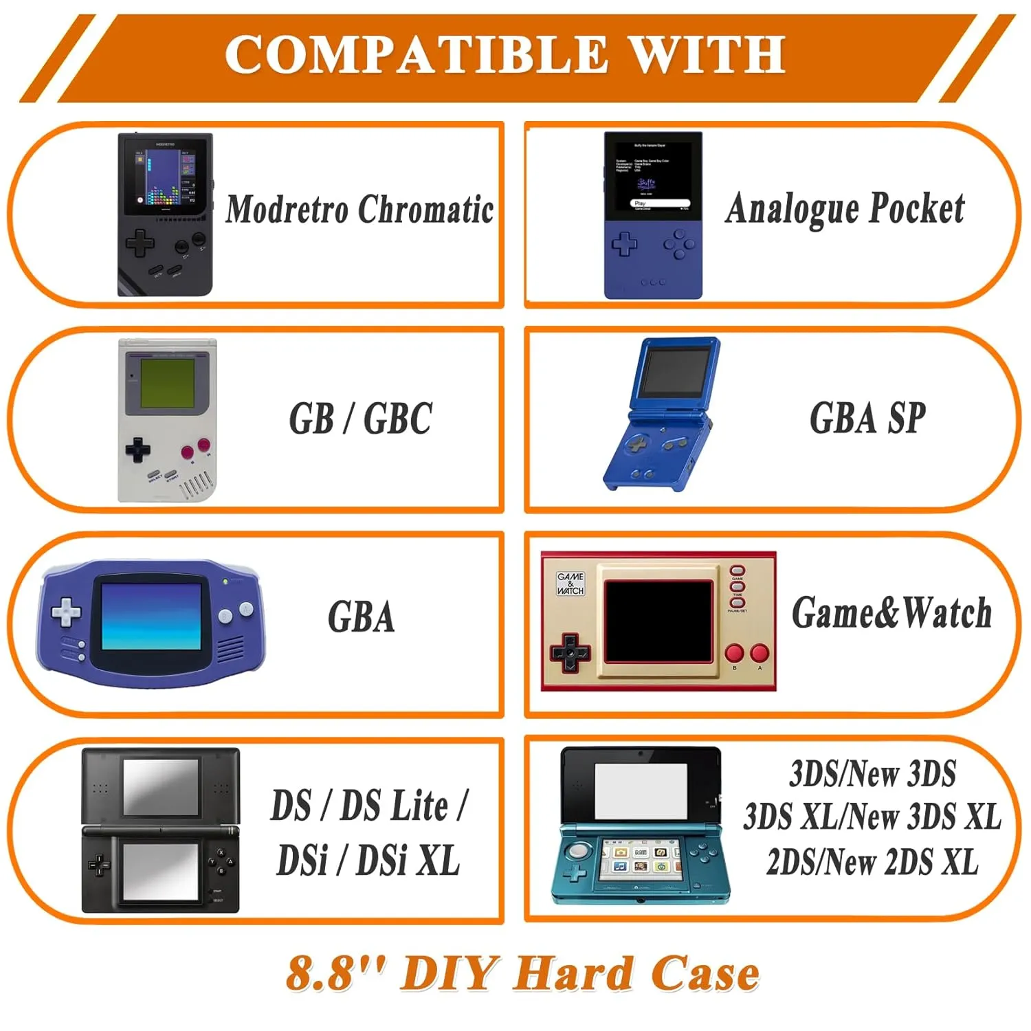 Hard Case With Customizable Foam, 8.8 Inch EVA Case Compatible with Modretro Chromatic/Analogue Pocket/Nintendo Gameboy Color/Advance SP/DS/2DS/3DS/Game&Watch Console