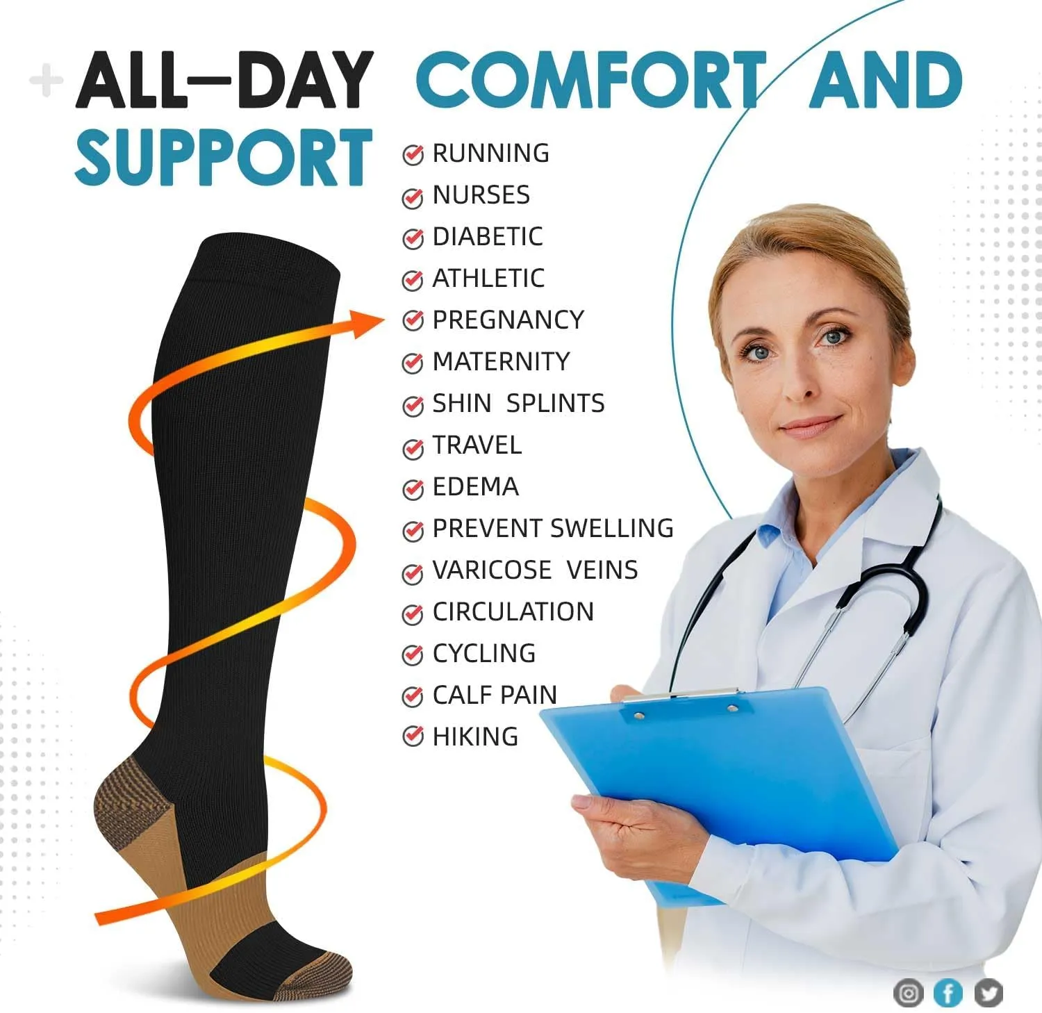 Hi Clasmix Graduated Compression Socks for Women&Men Wide Calf Comfort Best for Circulation,Pregnancy,Media,Nurse,Running,Travel