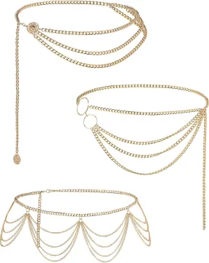 Hicarer 3 Pcs Silver Gold Waist Chain for Body Multi Layer Metal Chain Belts for Women Girls Summer Beach Jewelry Adjustable